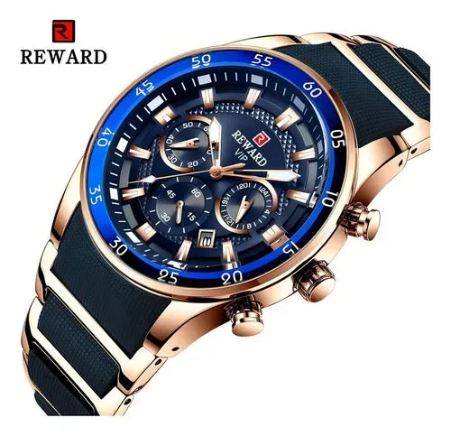 RELOJ REWARD ELEGANCIA TOTAL GOLD BLUE - RELOJ DE ACERO INOXIDABLE CON ESTILO Y RESISTENCIA