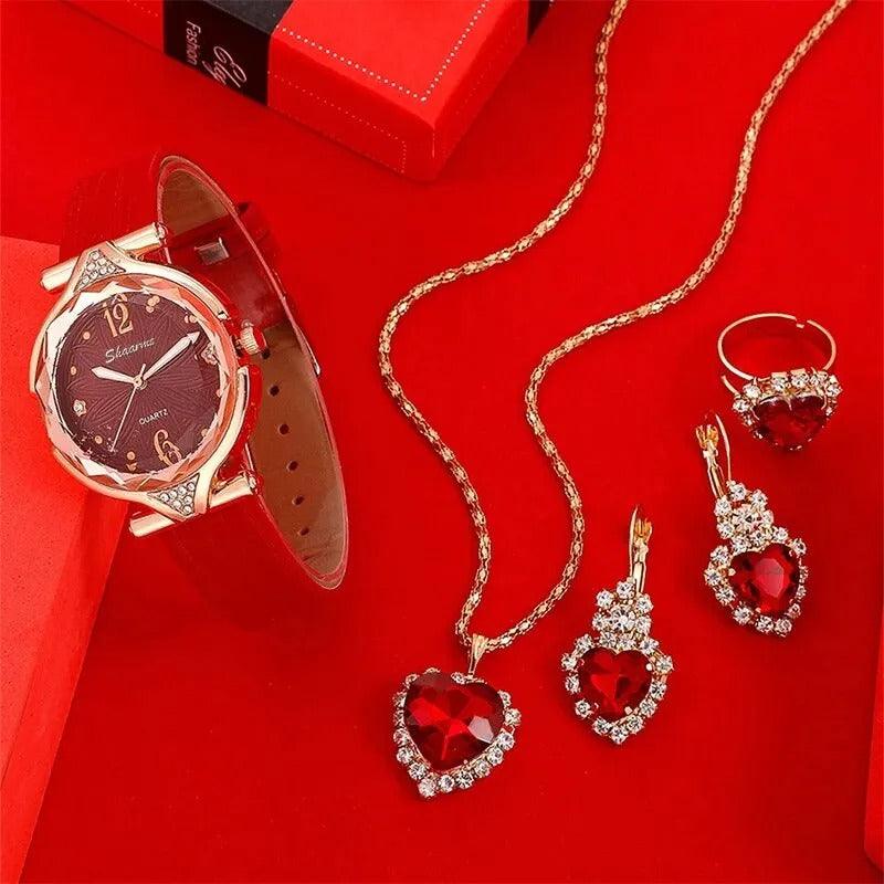 RELOJ ROJO DE CUERO +SET COMPLETO DE ACCESORIOS