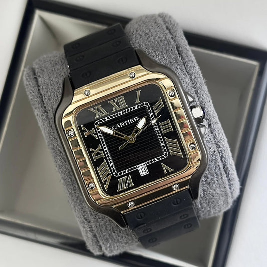 RELOJ CARTIER SANTOS GOMA NEGRO DORADO - SÍMBOLO DE PRESTIGIO, TRADICION Y MODERNIDAD
