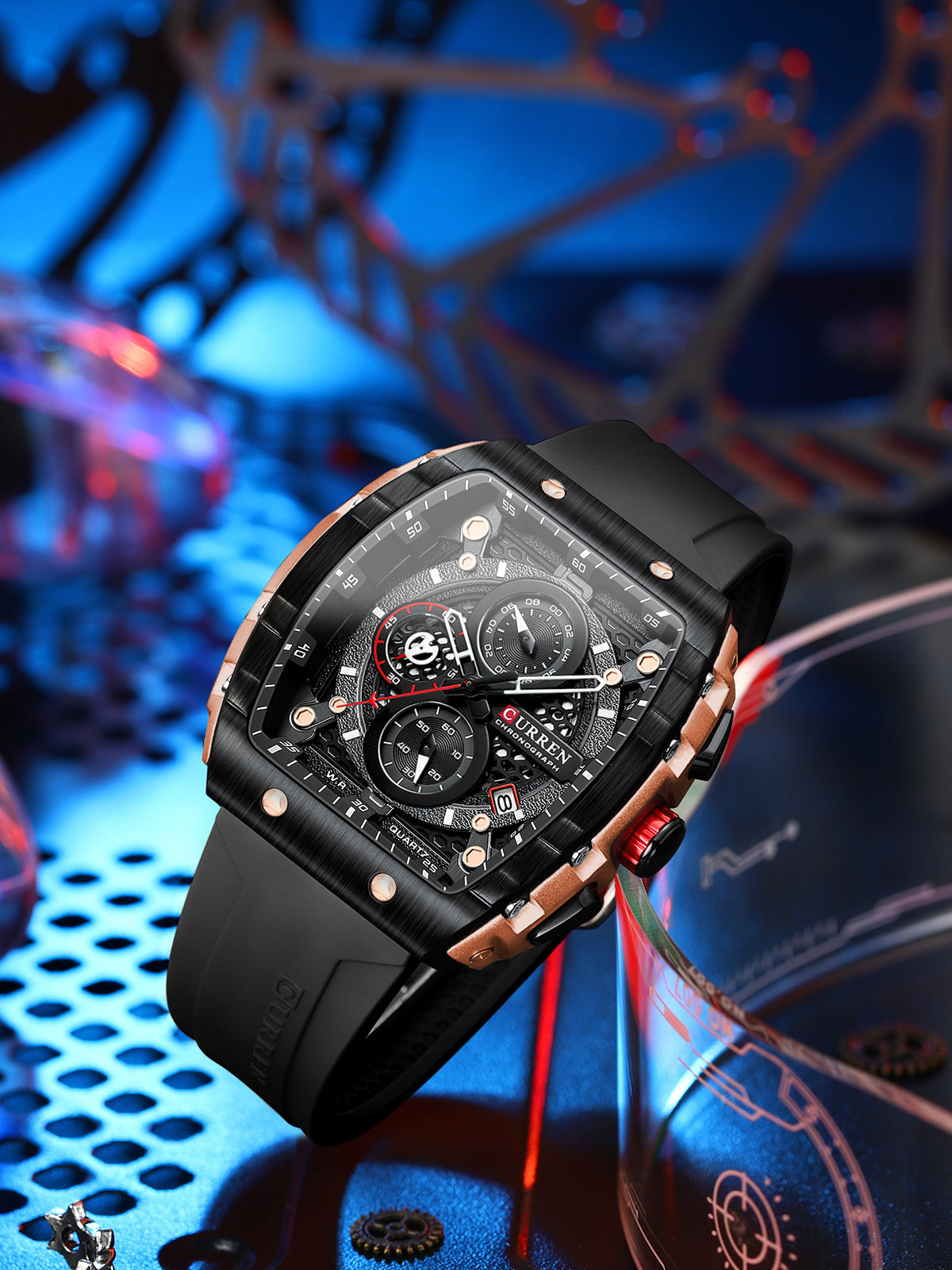 RELOJ CURREN 8442 SPORTX NEGRO/COBRE - DISEÑO IMPACTANTE EN SILICONA (ORIGINAL)