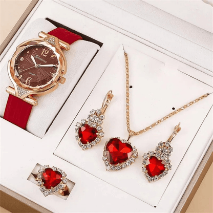 RELOJ ROJO DE CUERO +SET COMPLETO DE ACCESORIOS
