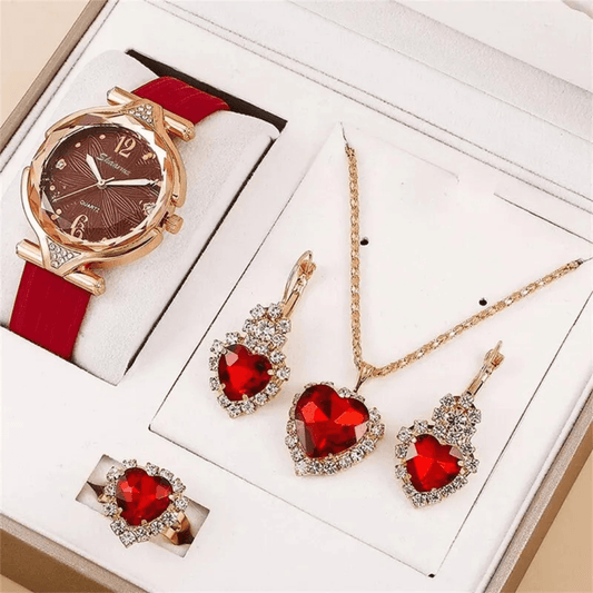 RELOJ ROJO DE CUERO +SET COMPLETO DE ACCESORIOS