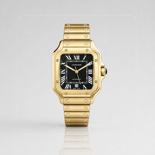 RELOJ CARTIER SANTOS DORADO NEGRO - SÍMBOLO DE PRESTIGIO, TRADICION Y MODERNIDAD EN TU MUÑECA