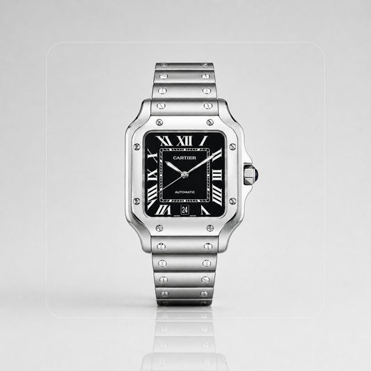 RELOJ CARTIER SANTOS PLATEADO NEGRO - SÍMBOLO DE PRESTIGIO, TRADICION Y MODERNIDAD EN TU MUÑECA